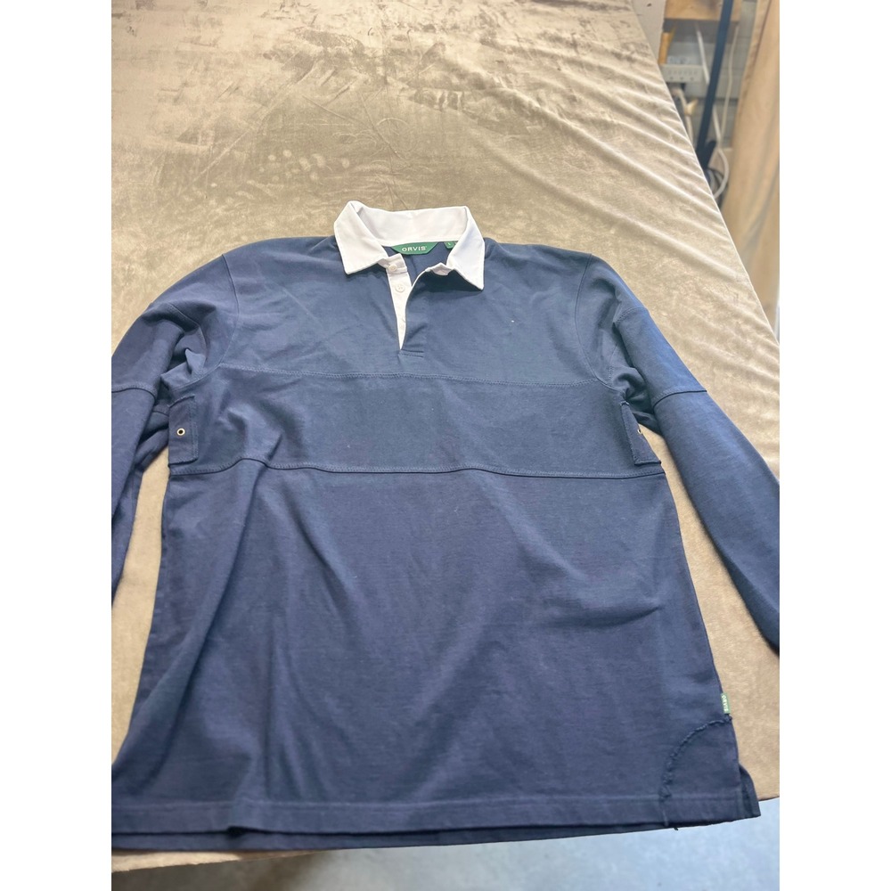 Orvis Mens Long Sleeve Rugby Shirt Navy‎ Blue White Collar Cotton Jersey Large